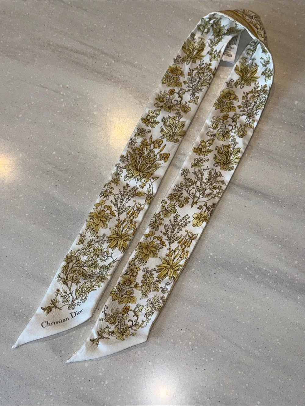 Authentic Dior Gold & White Logo Floral Silk Mitzah Scarf
